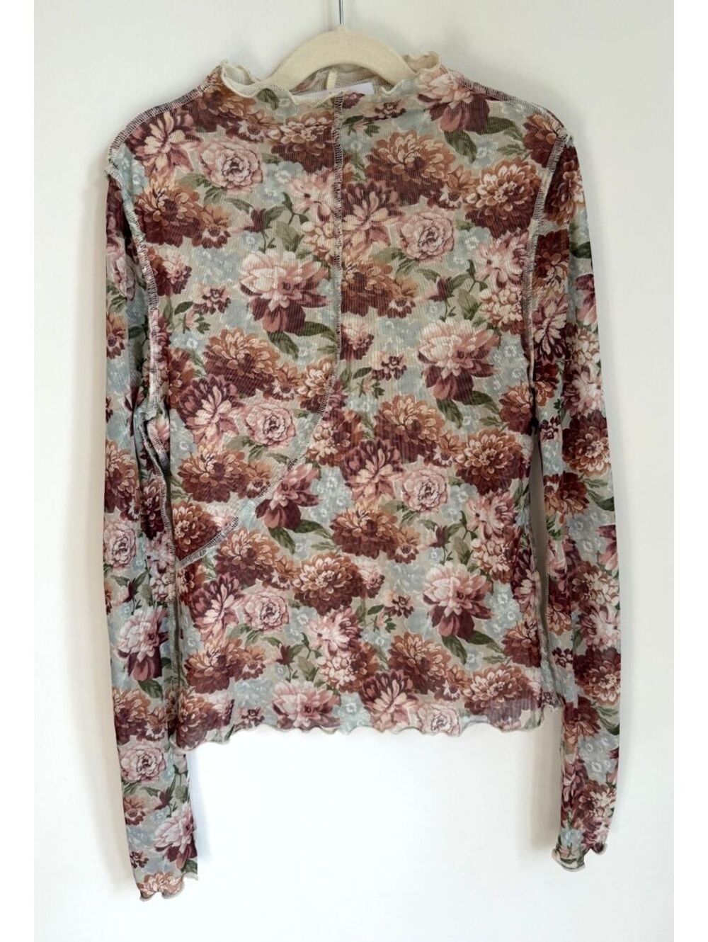 Everleigh Brooks Floral Mesh Top S Y2K Long Sleeve Romantic Vintage-Inspired